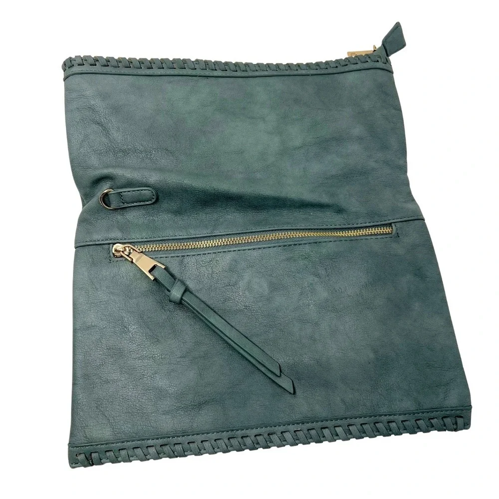 Moda Luxe Teal Foldover Clutch Crossbody Bag PU Leather Braided Trim‎